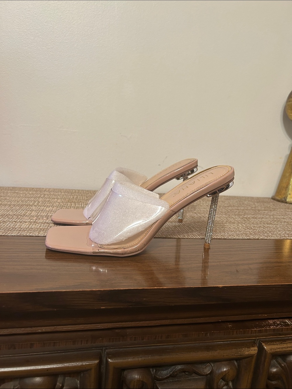 Women's Nude Pink Rhinestone Stiletto Mules
